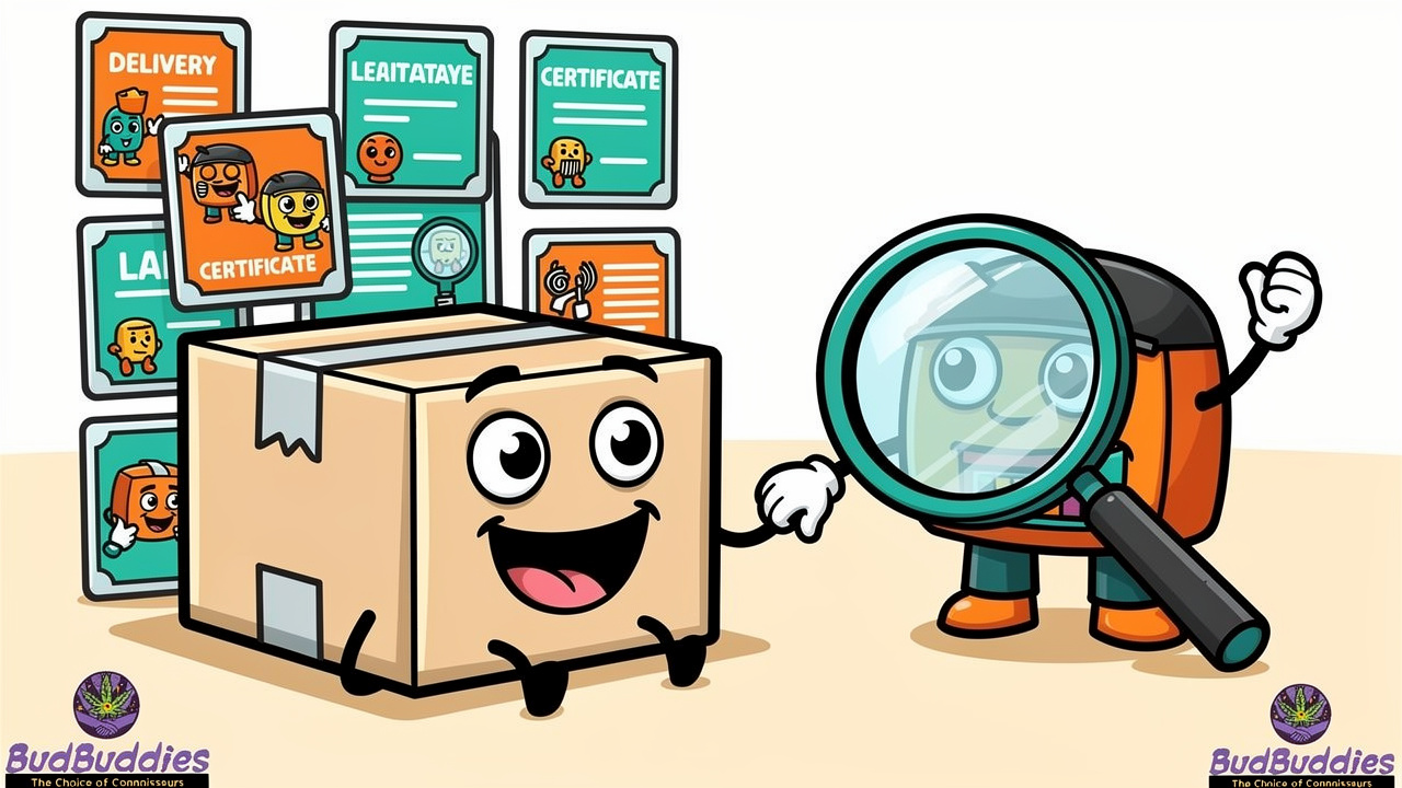 Cartoon delivery box with lab-tested cannabis packaging