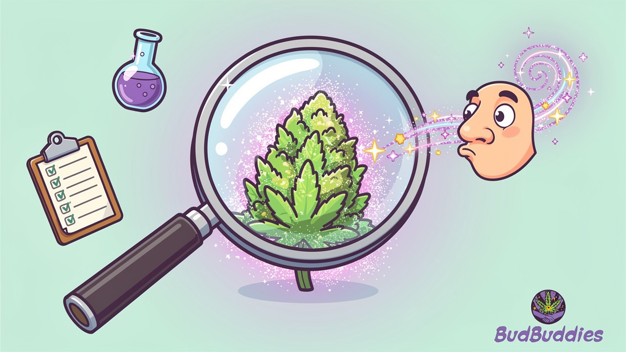 Cartoon magnifying glass inspecting quality cannabis bud