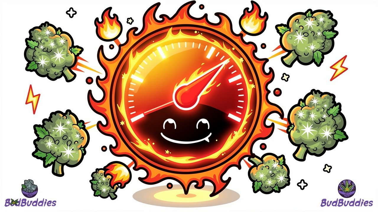 Cartoon gauge showing high THC potency of Ghost Train Haze