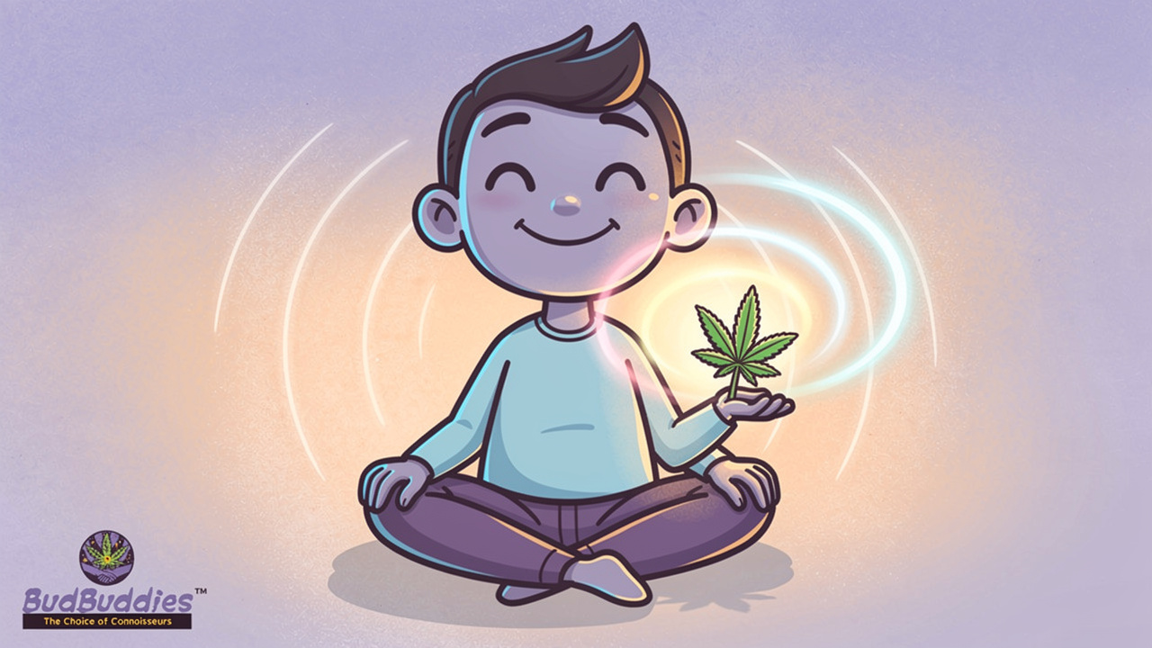 Cartoon character enjoying balanced Glitter Bomb strain effects