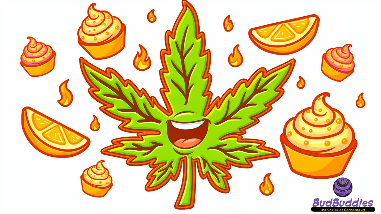 Cartoon icons showing Glitter Bomb strain flavour notes