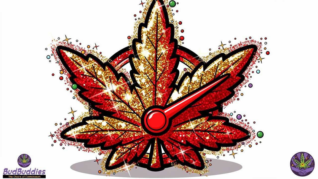 Cartoon potency gauge for Glitter Bomb strain THC level