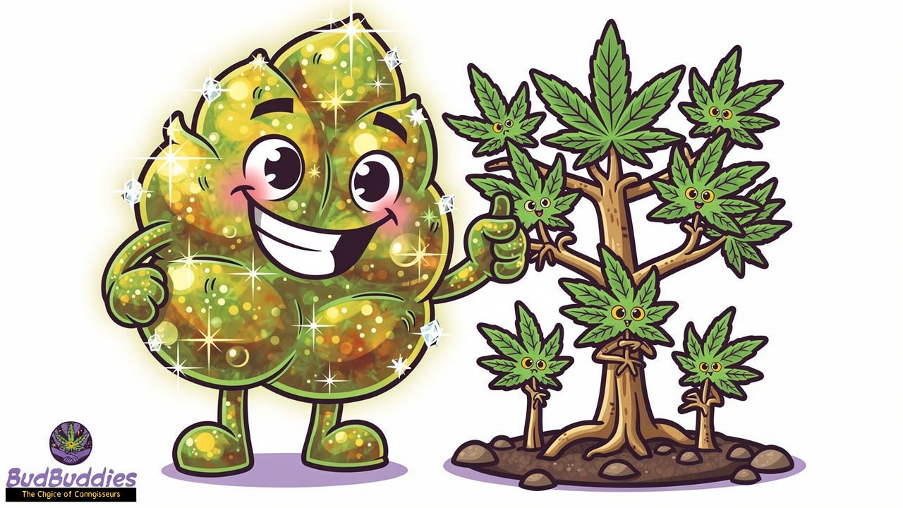 Cartoon illustration of Glitter Bomb strain genetics