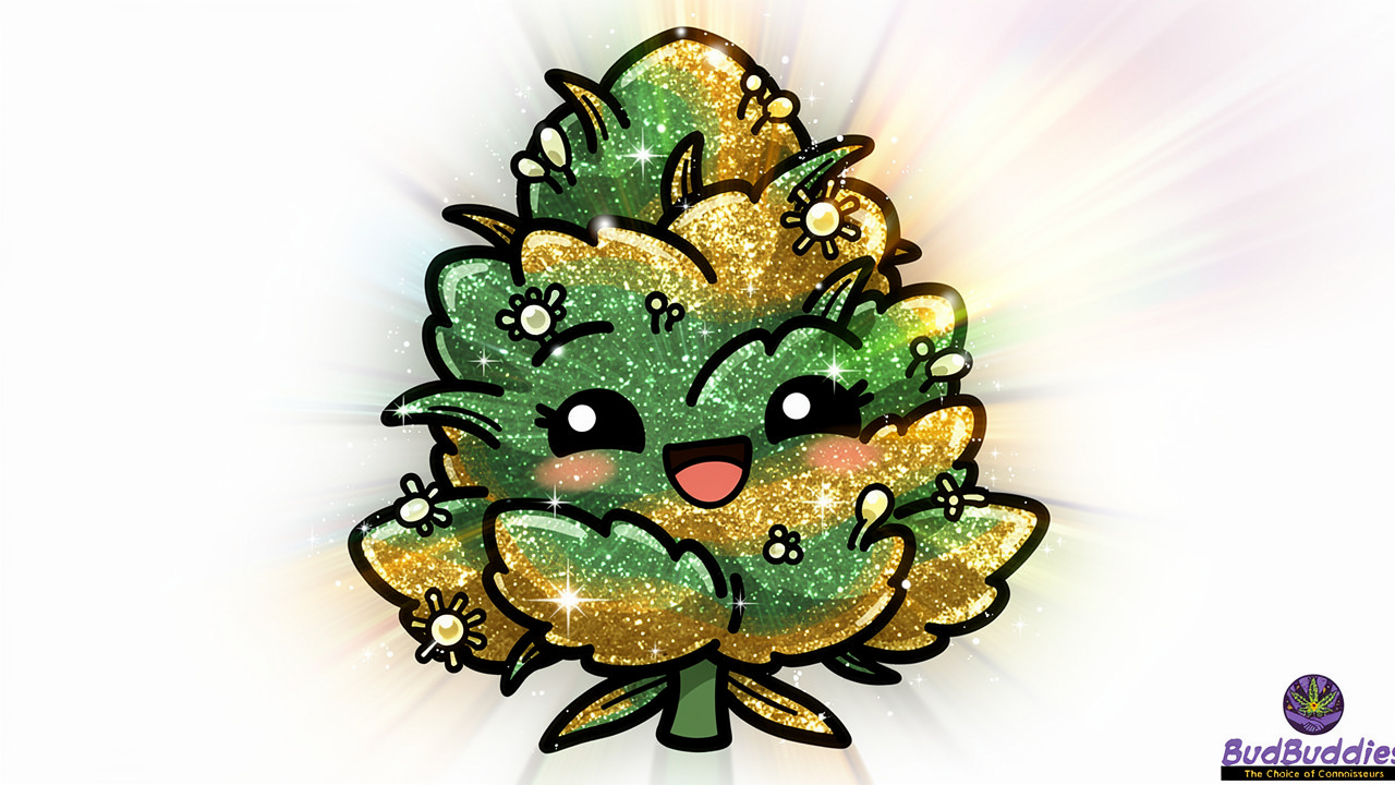 Cartoon trichomes sparkling on Glitter Bomb cannabis bud