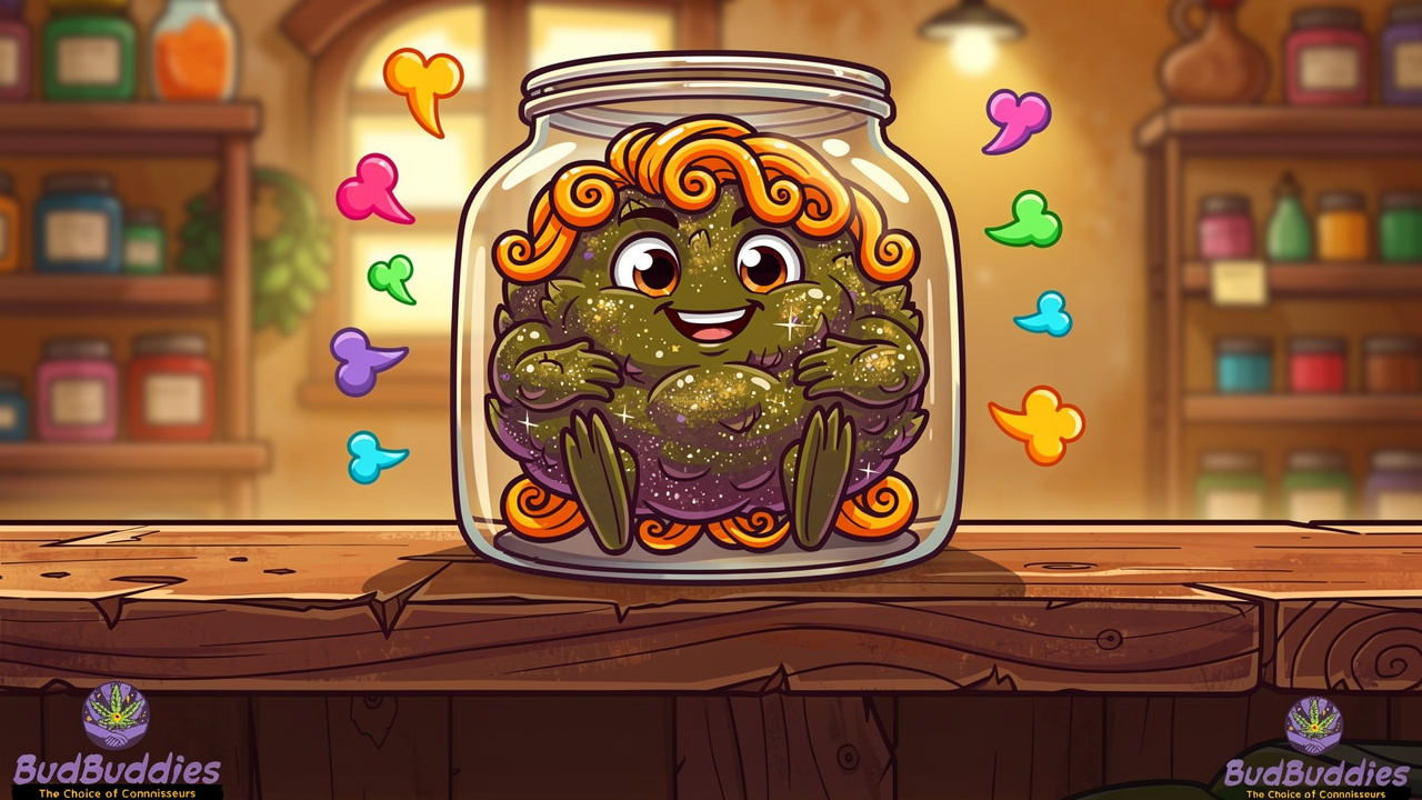 Cartoon GMO Cookies bud in jar with aroma lines