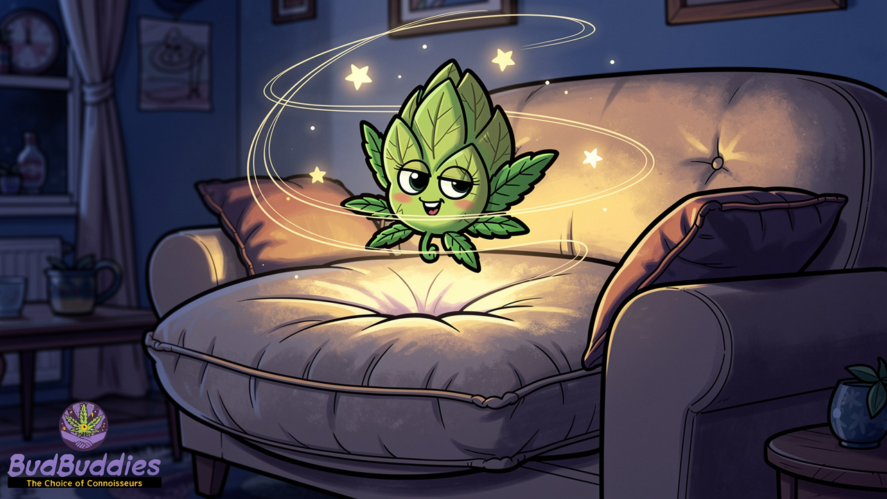 Cartoon character relaxing on sofa showing strain effects