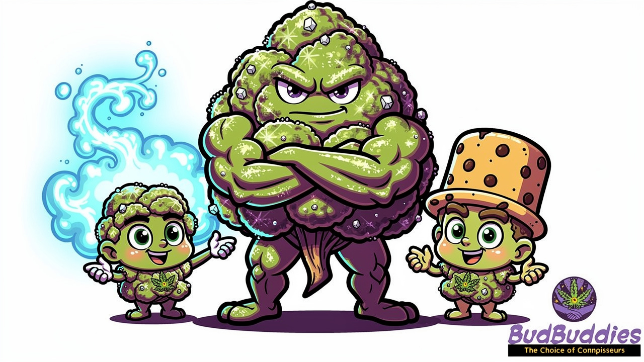 Cartoon characters showing GMO Cookies parent strain lineage