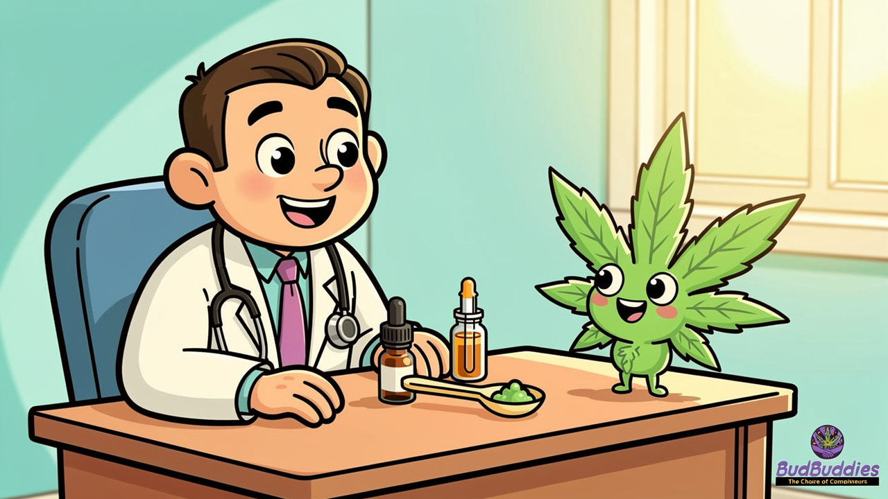 Cartoon doctor and cannabis leaf character talking