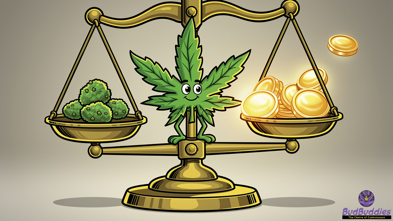 Cartoon scale balancing cannabis buds and weight icons