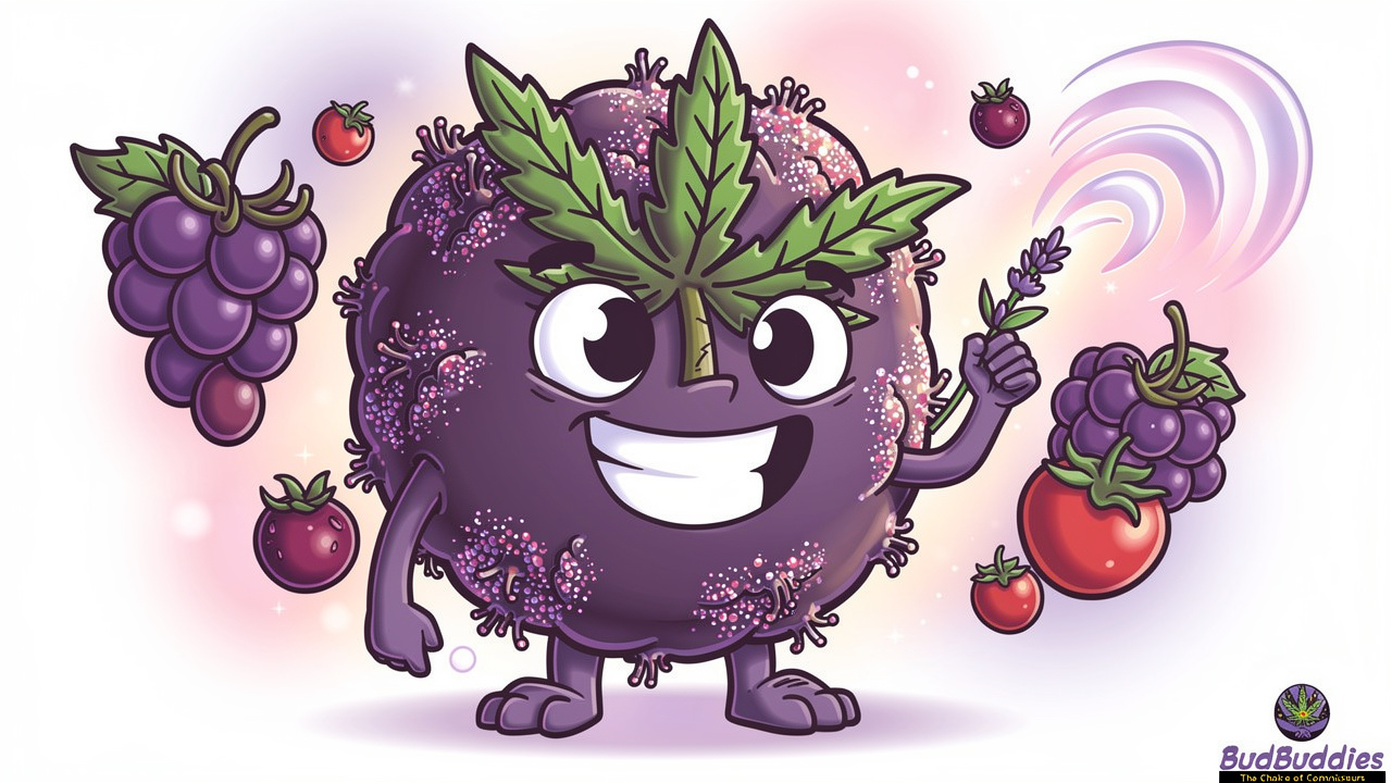 Cartoon cannabis bud with grape and berry aroma swirls