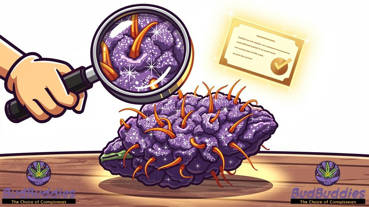 Cartoon magnifying glass inspecting genuine purple cannabis bud