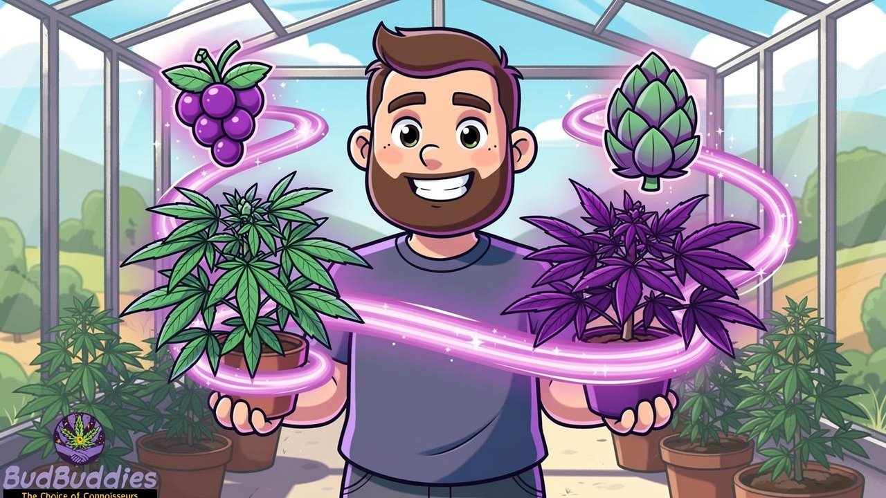 Cartoon breeder crossing two cannabis plants to create GDP