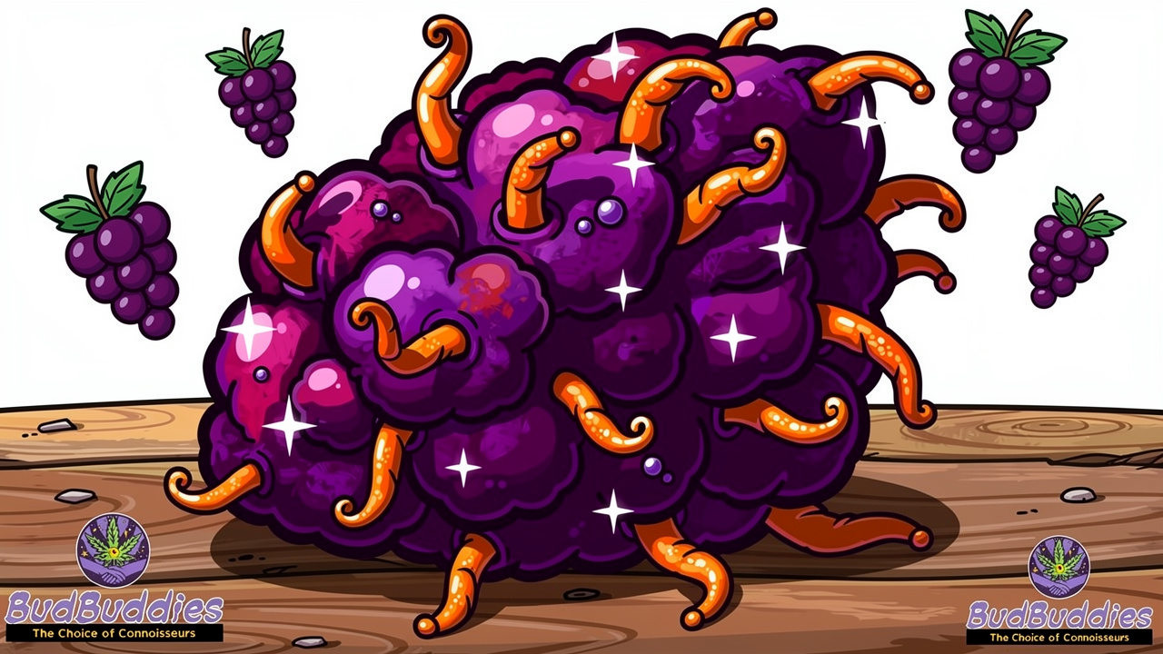 Cartoon purple cannabis bud with orange pistils and grapes