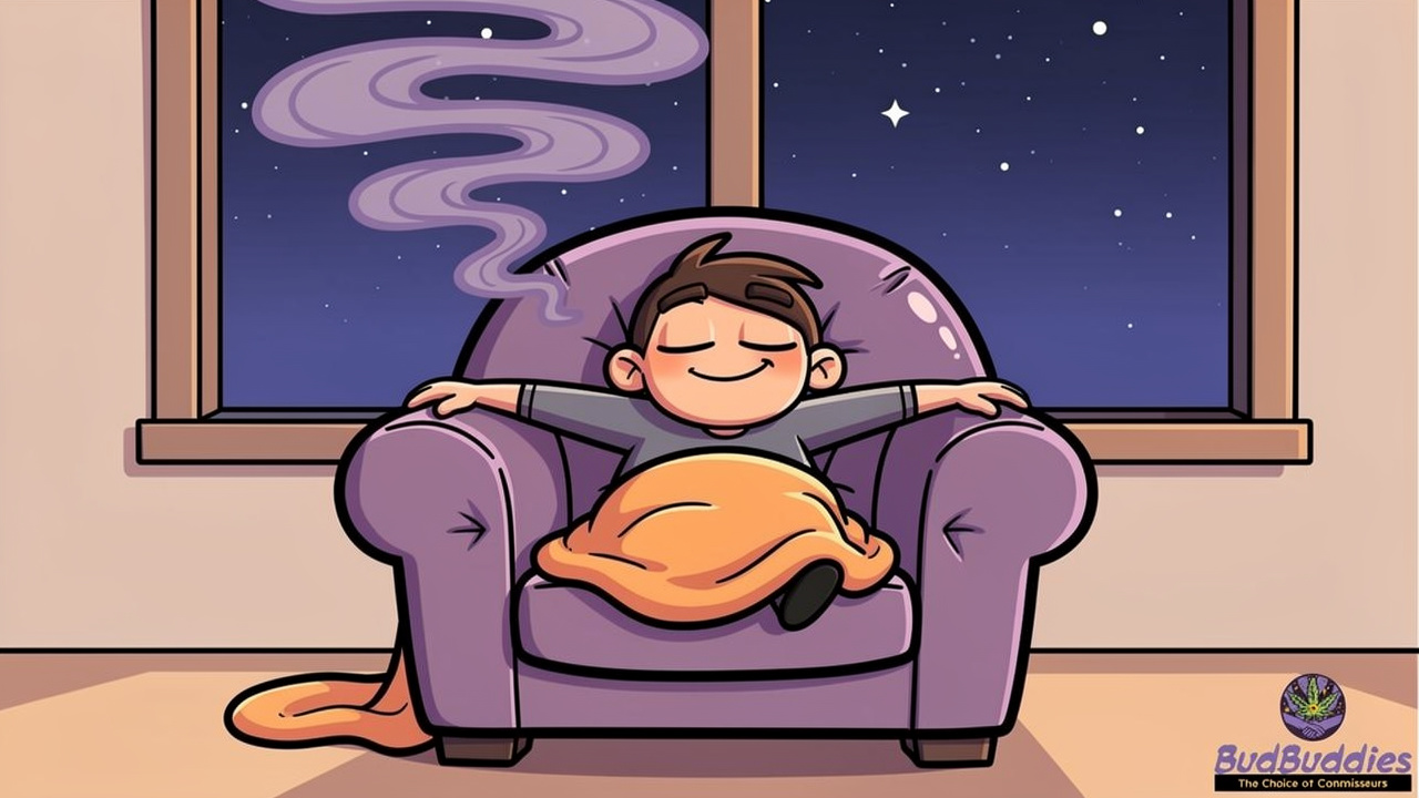 Cartoon character deeply relaxed on sofa at night