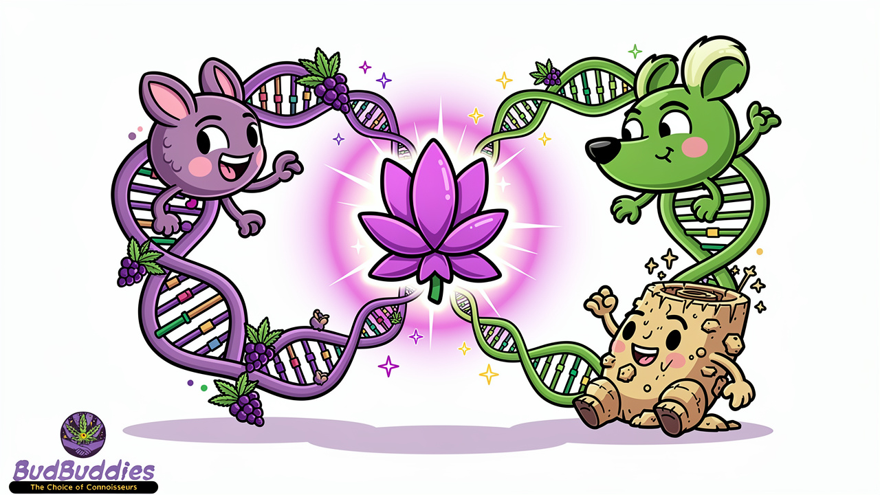 Cartoon illustration of three cannabis genetics merging together