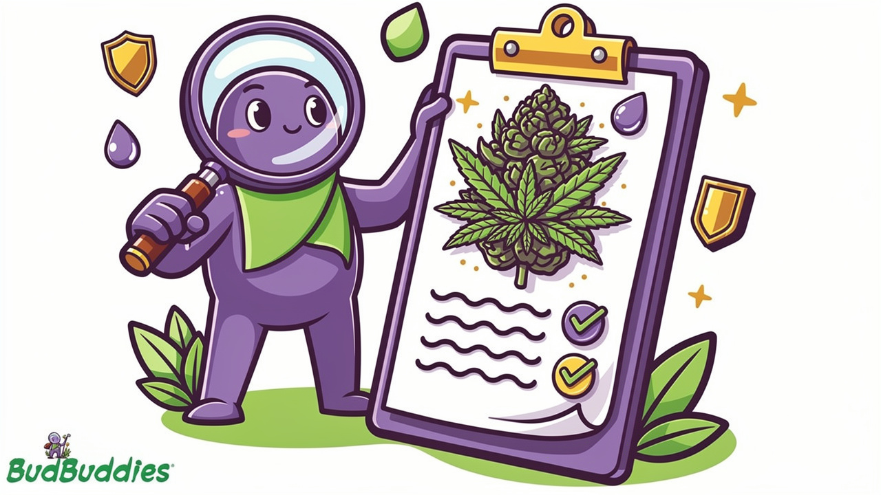 Cartoon character inspecting cannabis bud with magnifying glass