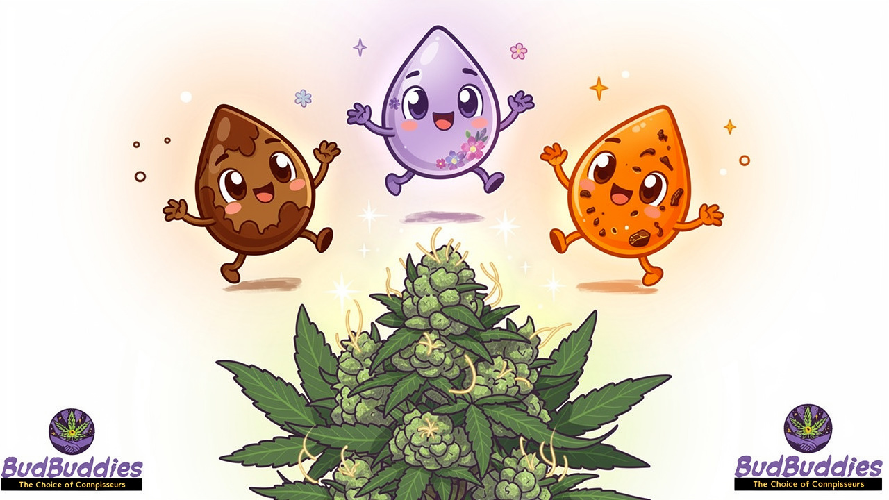 Cartoon terpene droplets dancing above cannabis bud