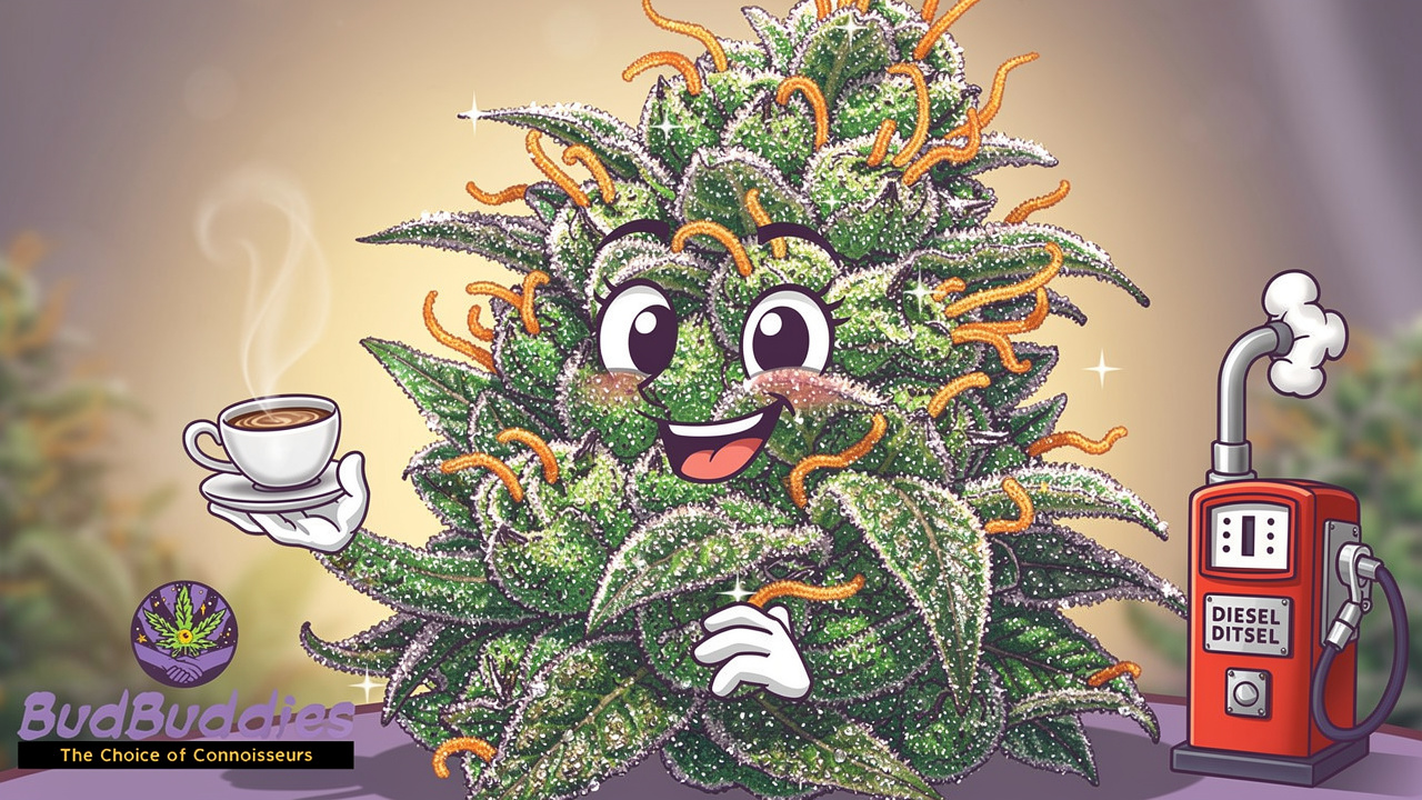 Cartoon bud showing Grease Monkey strain aroma and texture