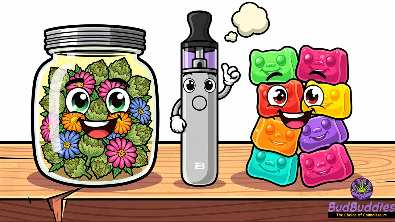 Cartoon comparison of flower, vape and edible formats
