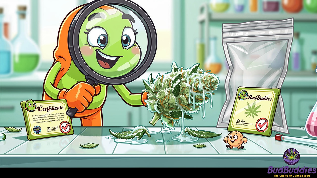 Cartoon magnifying glass inspecting quality of cannabis bud