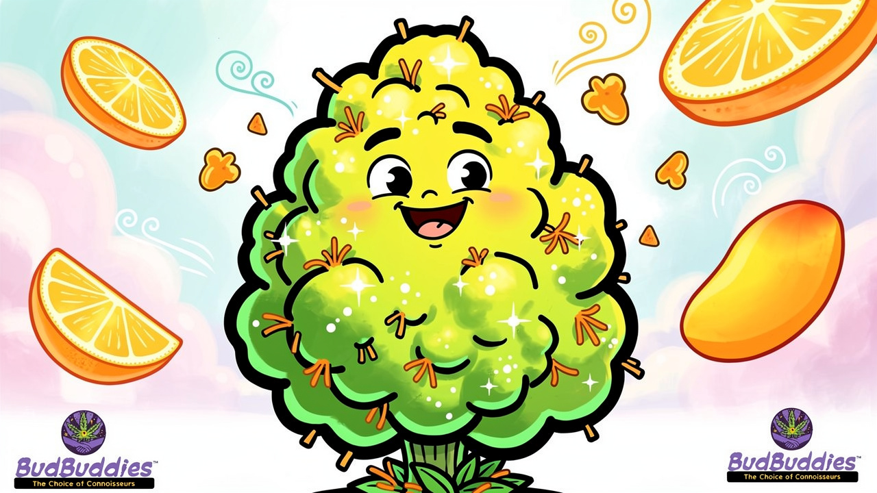 Cartoon cannabis bud with citrus and mango aroma swirls