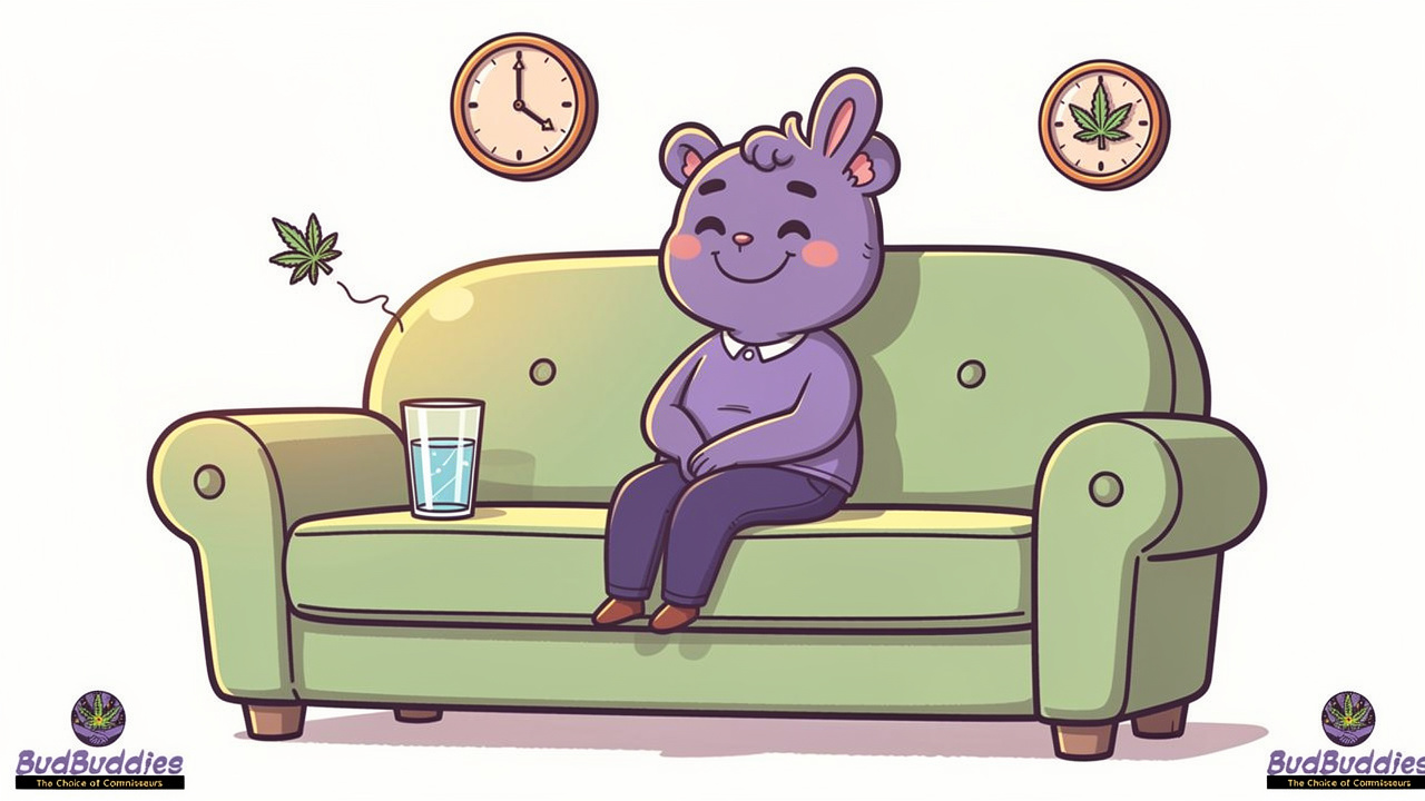 Cartoon character pacing cannabis dosing calmly with water
