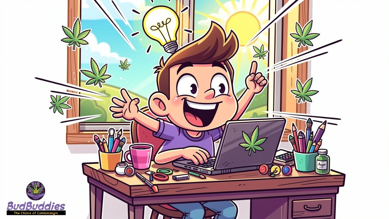 Cartoon character energised and focused after Green Crack strain