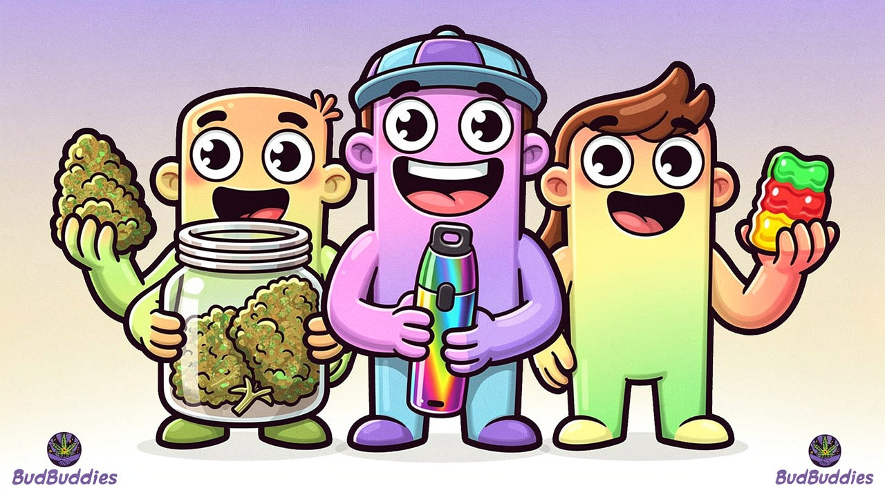 Cartoon characters comparing cannabis flower vape and edibles