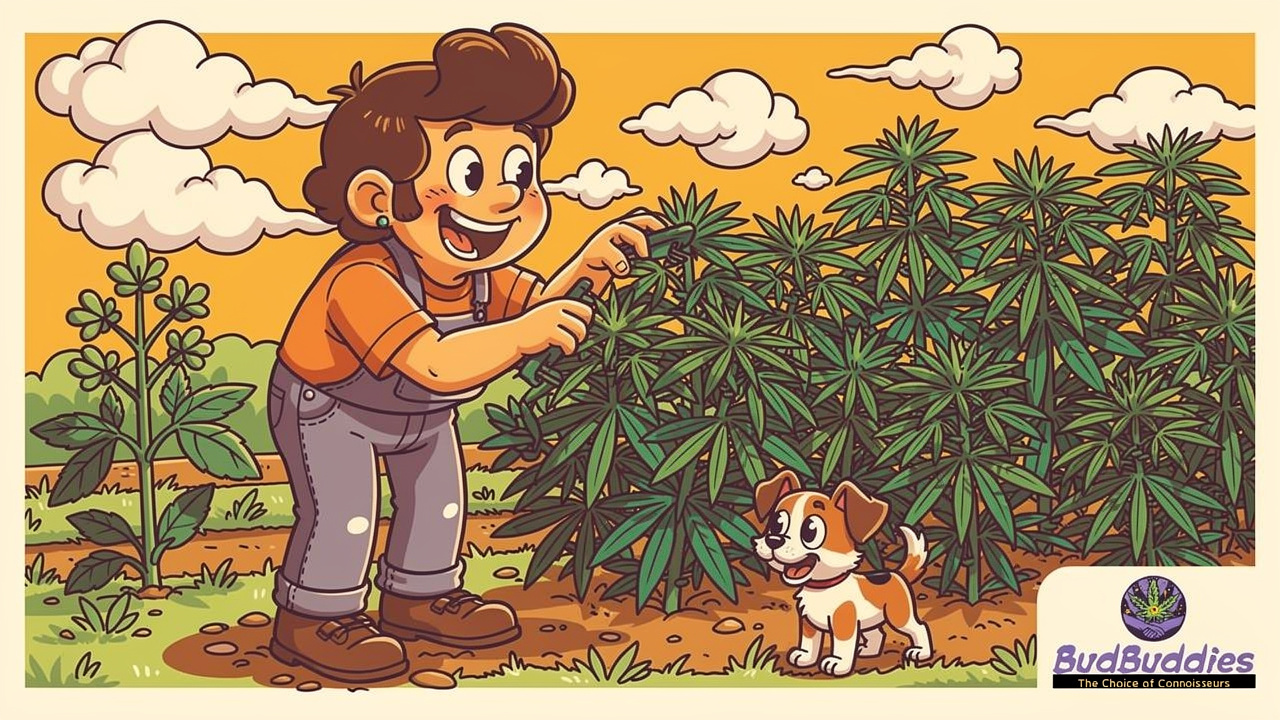 Cartoon grower tending Green Crack cannabis plants outdoors