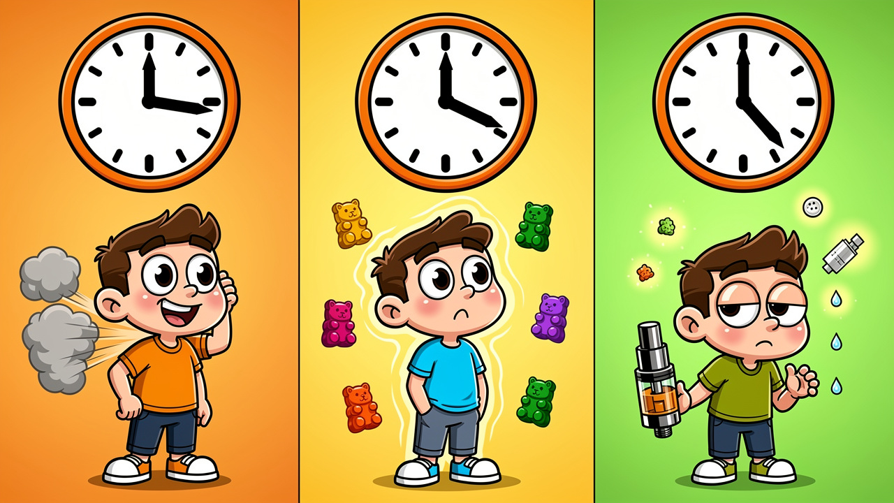 Cartoon showing how long green out lasts for different cannabis formats