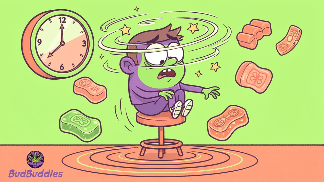 Cartoon character feeling dizzy from too many edibles