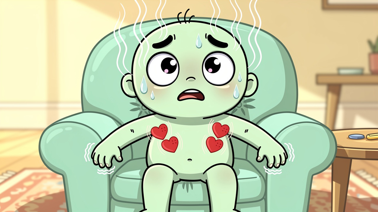 Cartoon showing physical greening out symptoms like sweating and pale skin