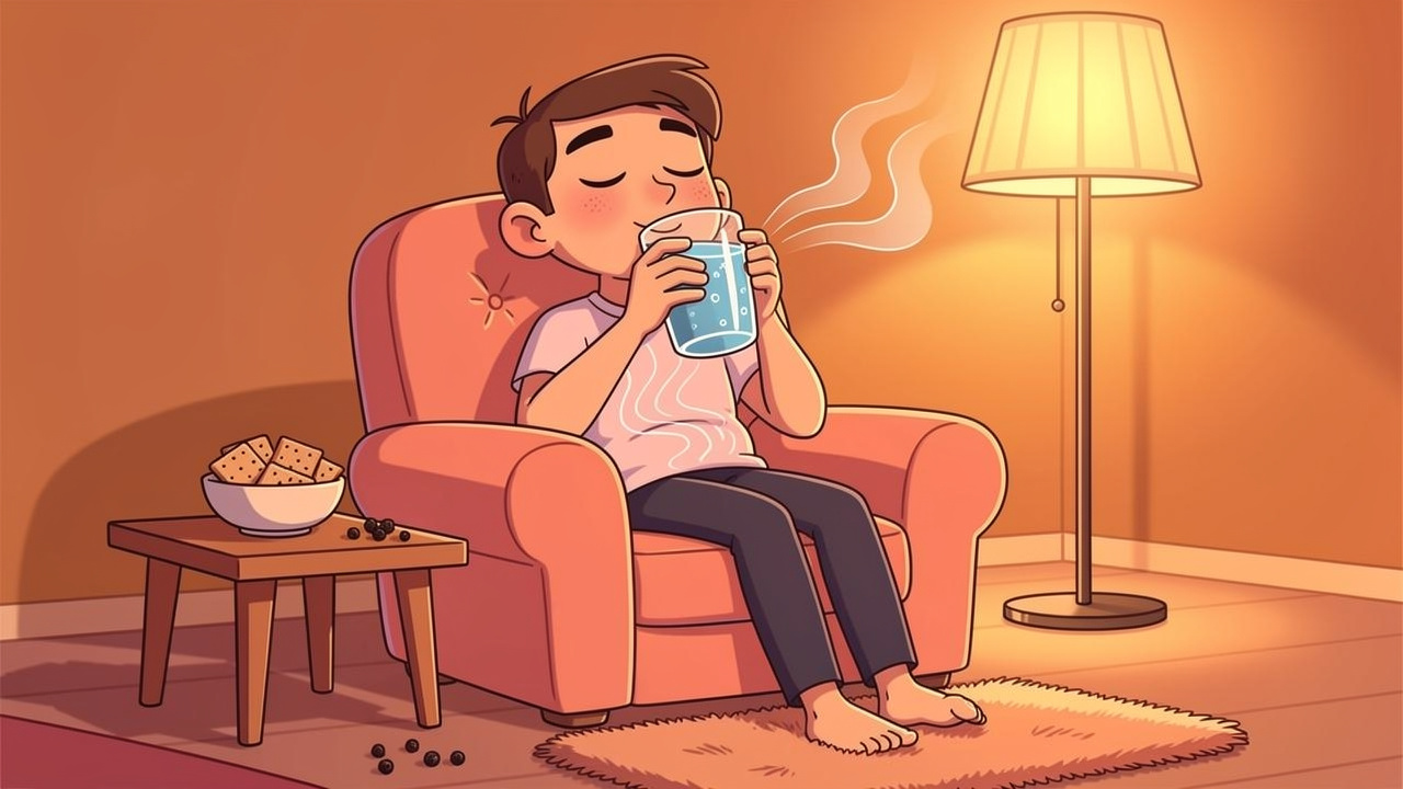 Cartoon character calmly resting and sipping water during recovery