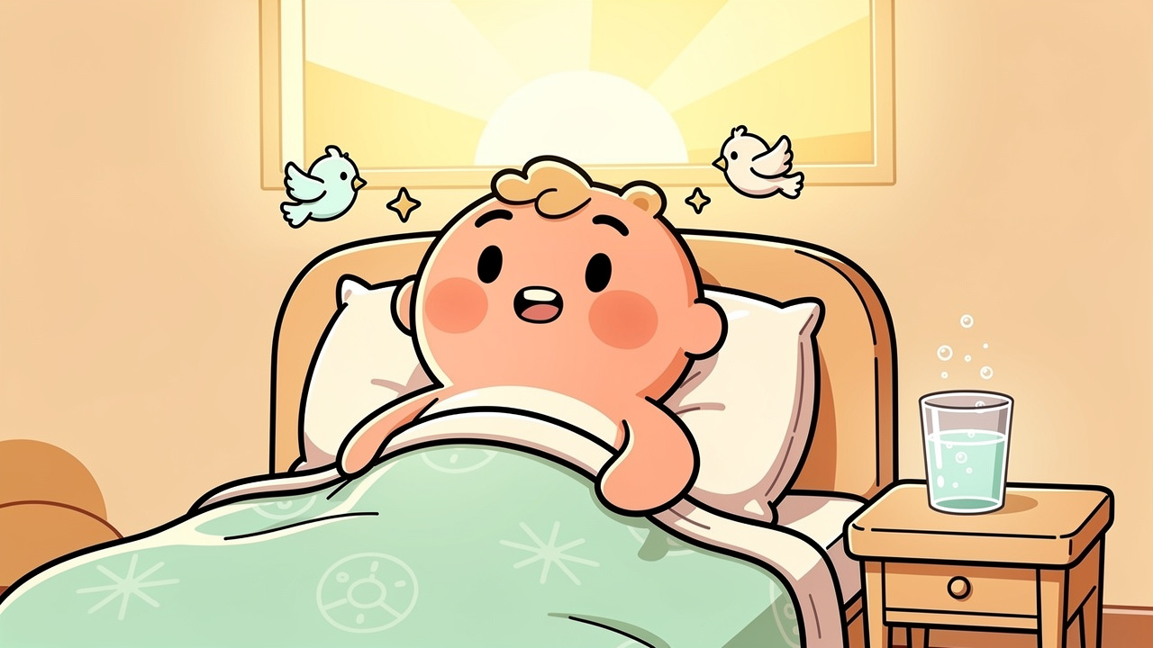 Cartoon character recovering and feeling better after greening out