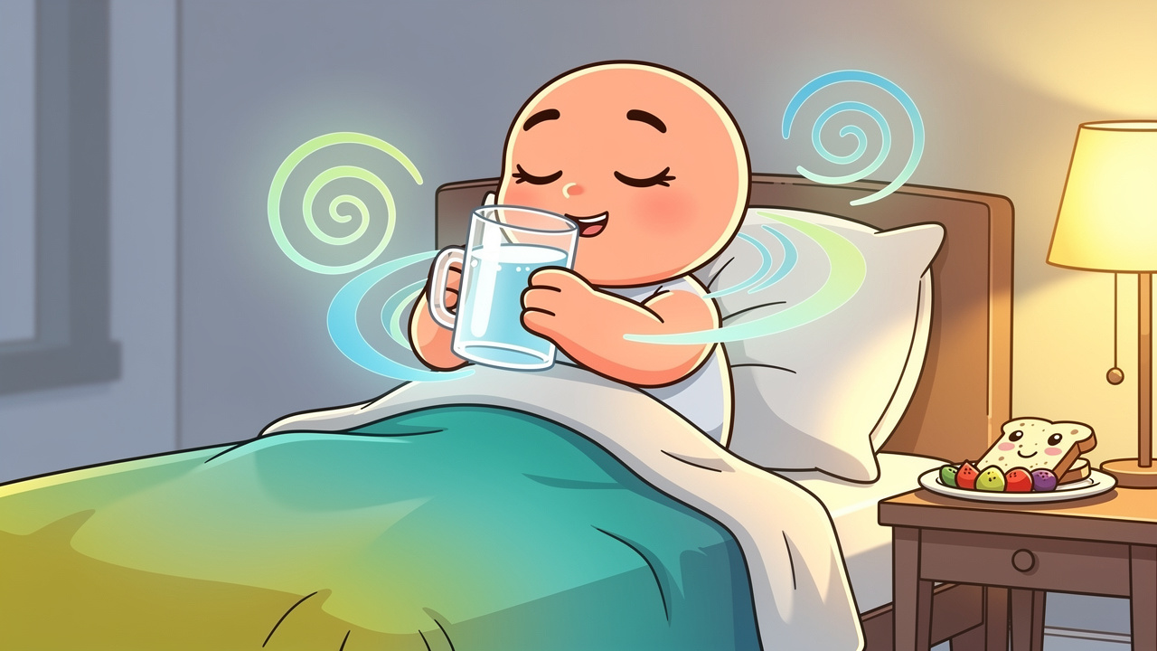 Friendly cartoon character resting and drinking water to recover