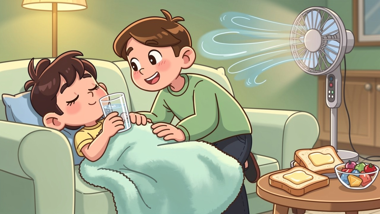 Cartoon showing recovery tips for greening out at home