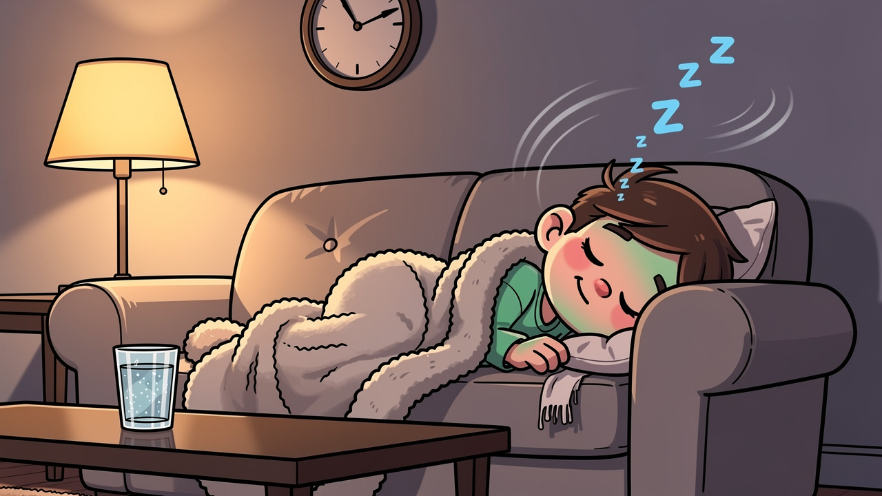 Cartoon character sleeping and recovering from a green out