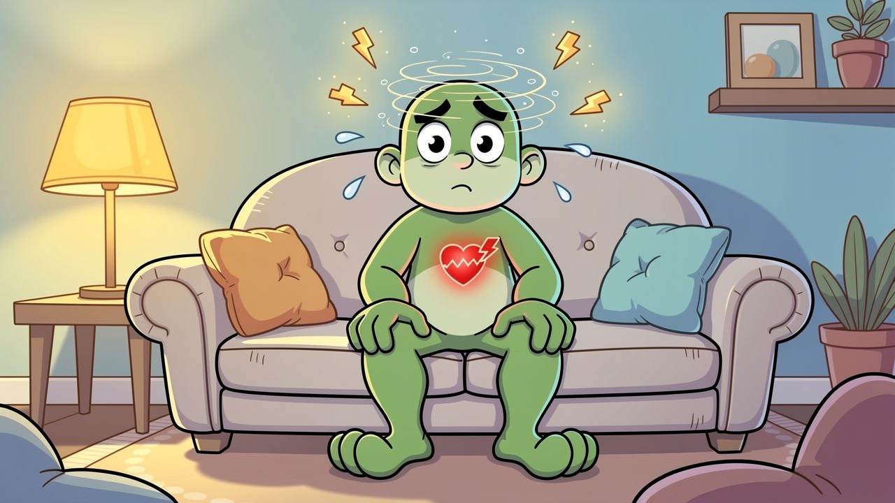 Cartoon character showing physical and mental symptoms of greening out