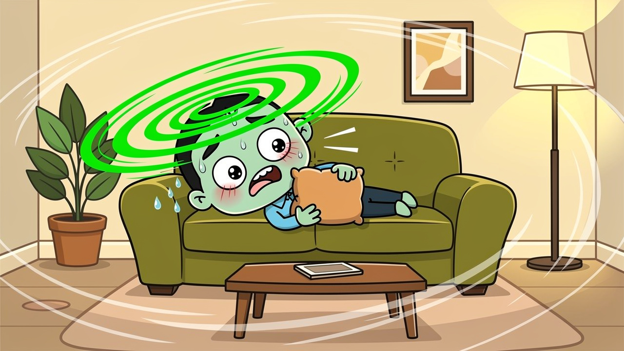 Cartoon character experiencing greening out symptoms on sofa