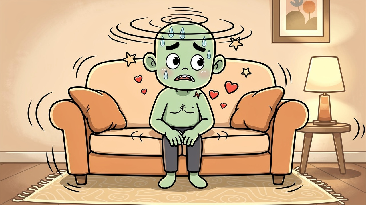Cartoon character experiencing nausea and dizziness from greening out