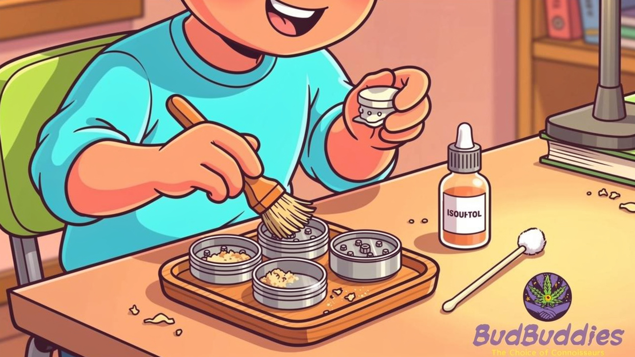 Cartoon student cleaning and maintaining a metal grinder
