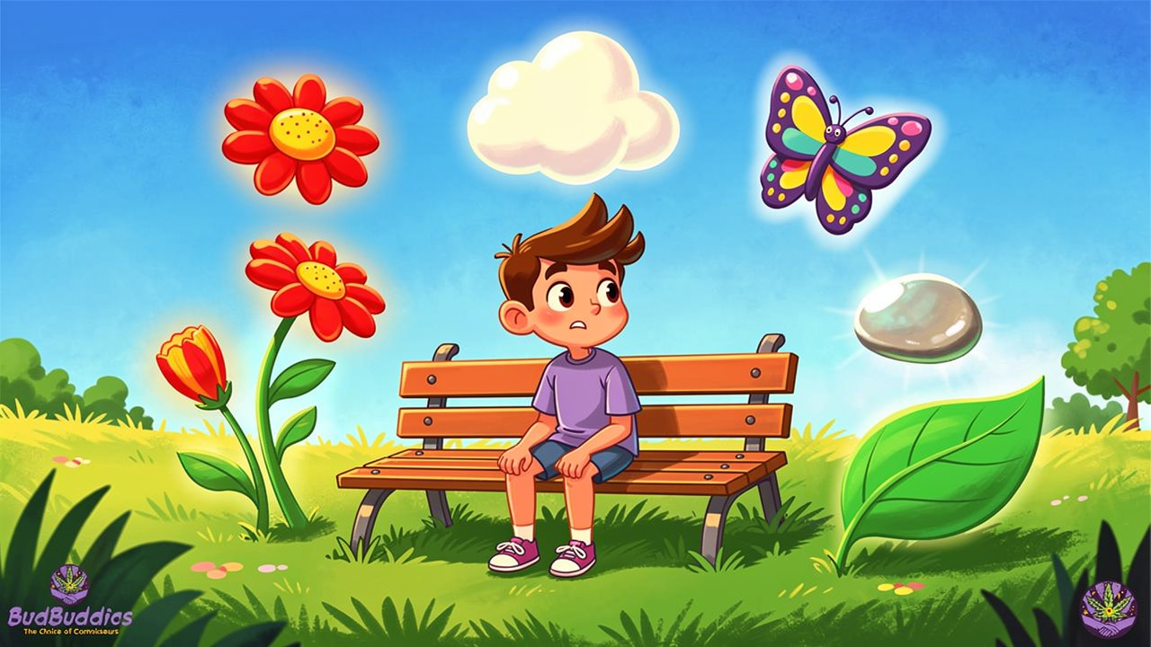 Cartoon character using grounding senses technique outdoors