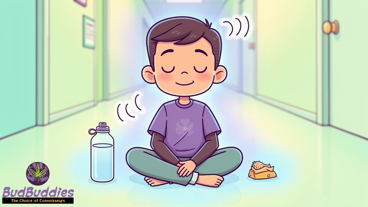 Cartoon character practising calming breathing exercises in a corridor