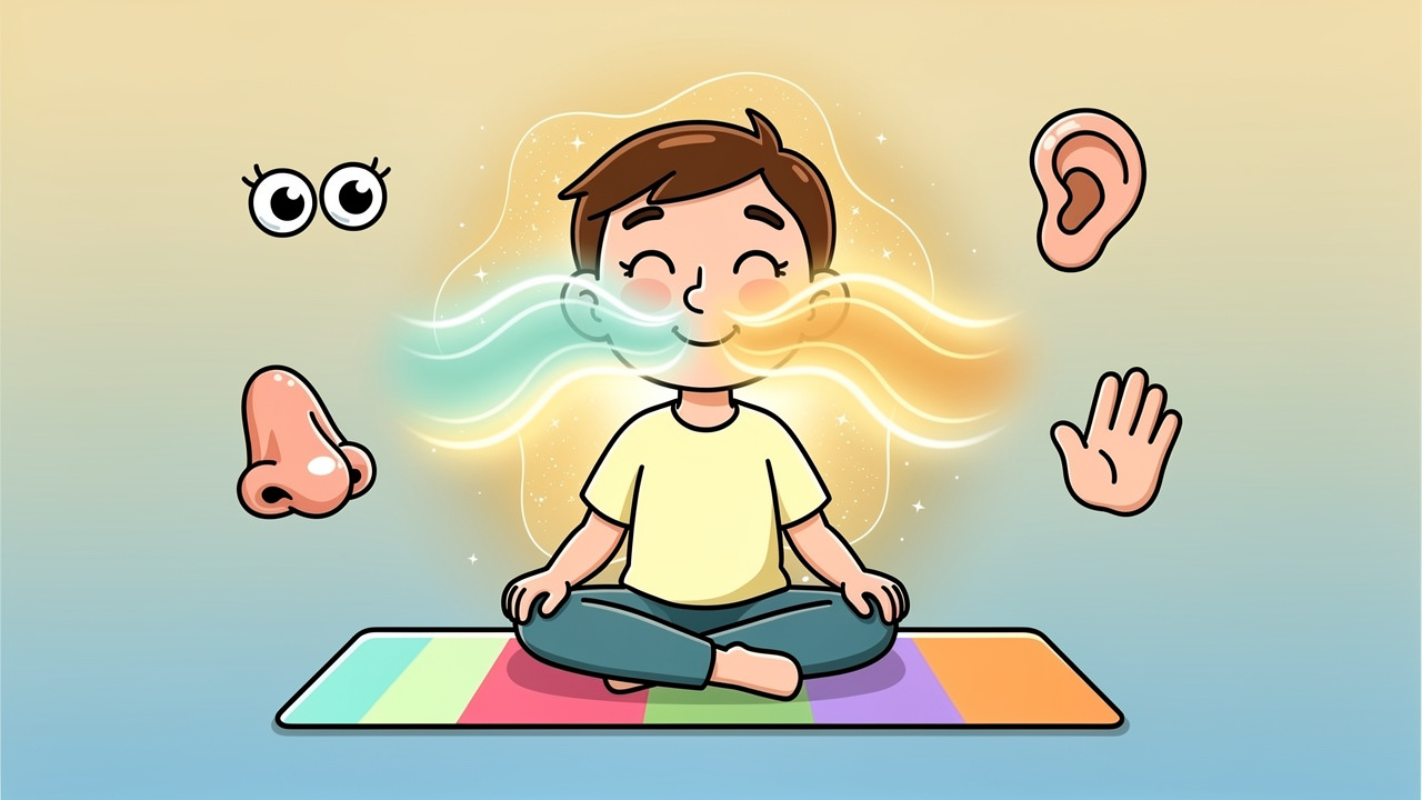 Cartoon character practising calm breathing and grounding techniques