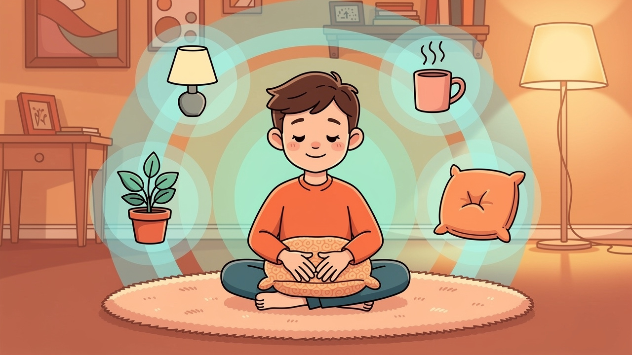 Friendly cartoon character using grounding techniques for derealisation