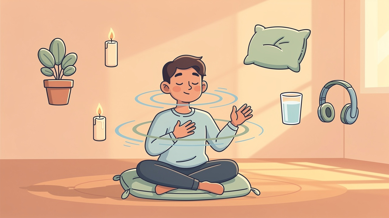 Cartoon character using grounding breathing techniques during cannabis session