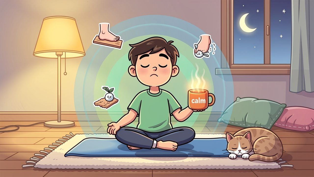 Cartoon character practising calming grounding techniques after cannabis use
