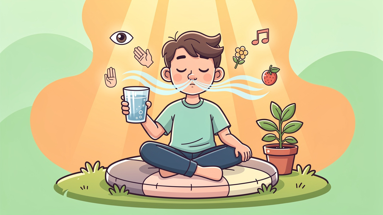 Cartoon character using grounding and breathing techniques to calm depersonalisation