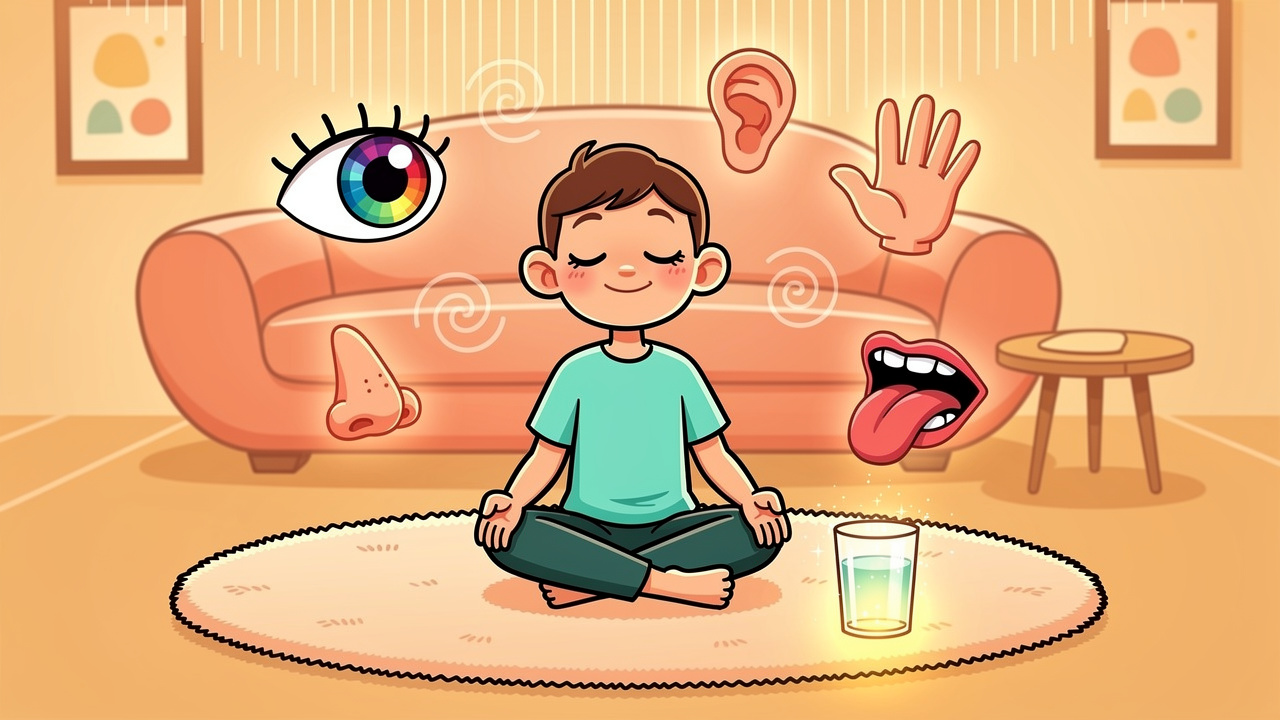 Cartoon character using grounding techniques to feel calm