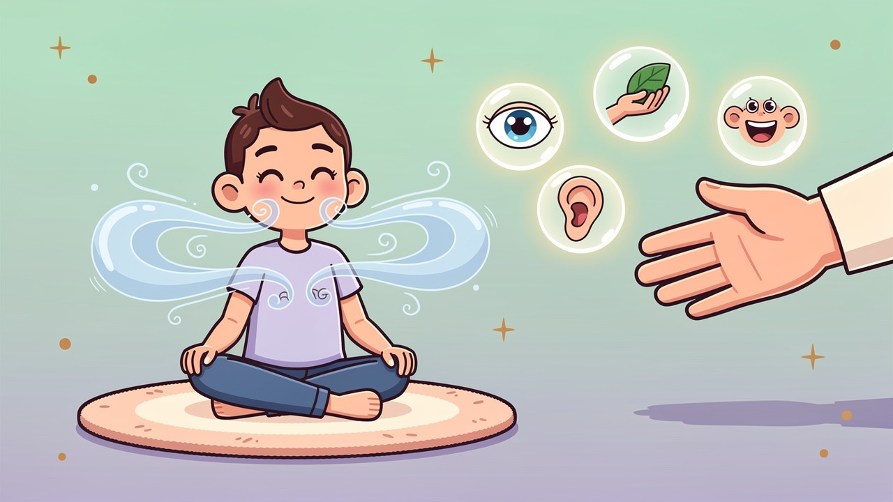Cartoon character using breathing and grounding techniques for anxiety relief